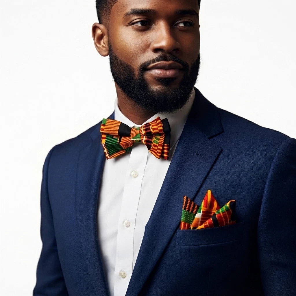 3pc African Kente Tie Set Mens Bow Tie Pocket Square Handkerchief Gold Red Green