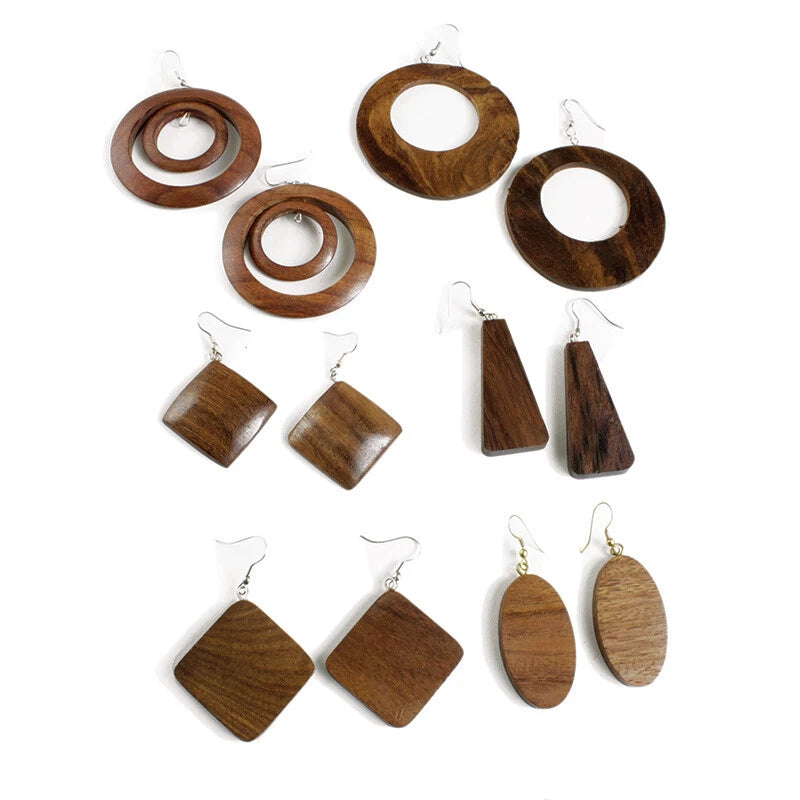 6 Set Wooden Earrings, Natural Boho Style Jewelry Collection