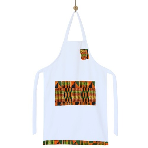 African Kente Print Apron, White Kitchen Men Women Chef Front Pocket Apron