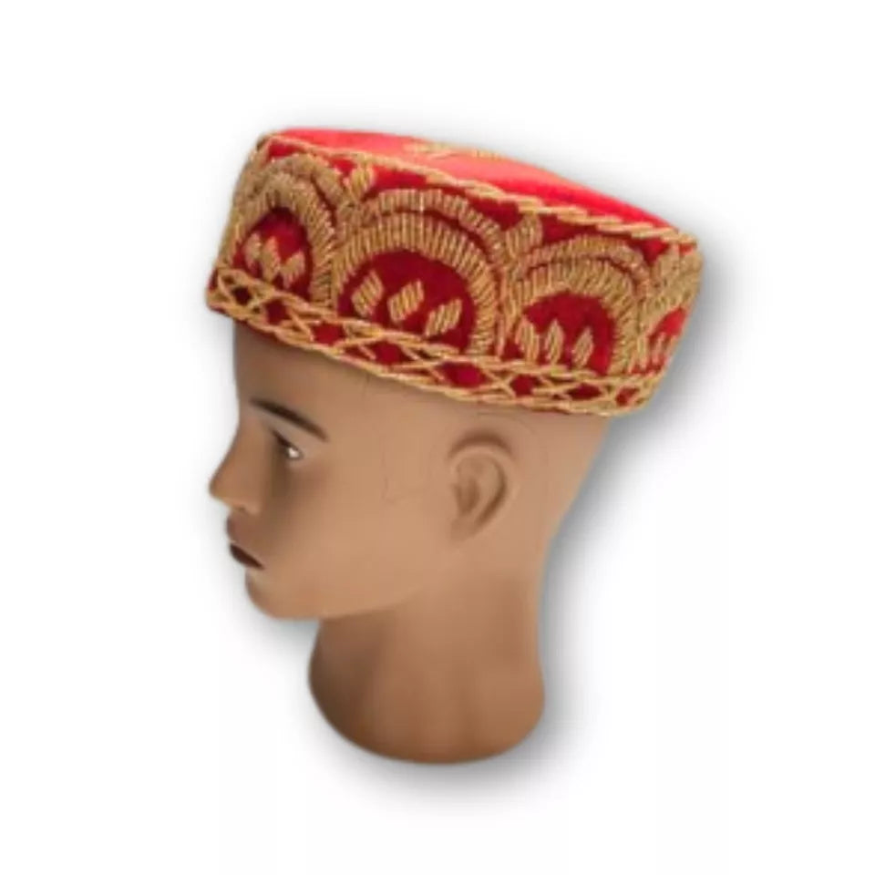 Traditional Cap With Gold Embroidery, African Traditional Hat | African Men's Wedding Cap(Okpu Agu) | Igbo Ozo Cap