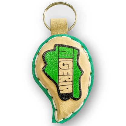 Nigeria Map Keychain, Handmade African Leather Key Holder Green Map Keyring