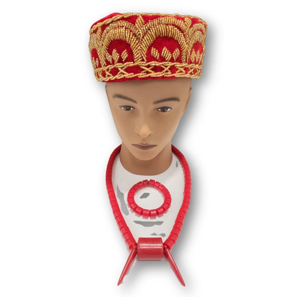 Traditional Cap With Gold Embroidery, African Traditional Hat | African Men's Wedding Cap(Okpu Agu) | Igbo Ozo Cap