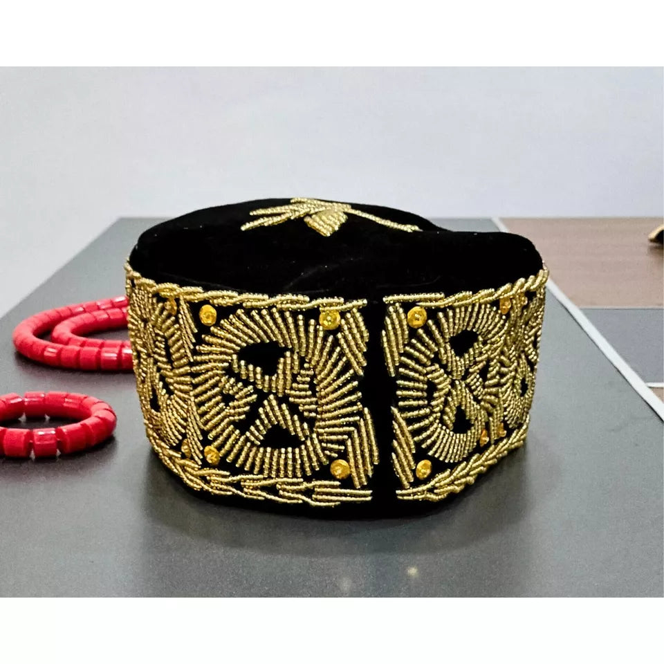 Traditional Cap With Gold Embroidery, African Traditional Hat | African Men's Wedding Cap(Okpu Agu) | Igbo Ozo Cap