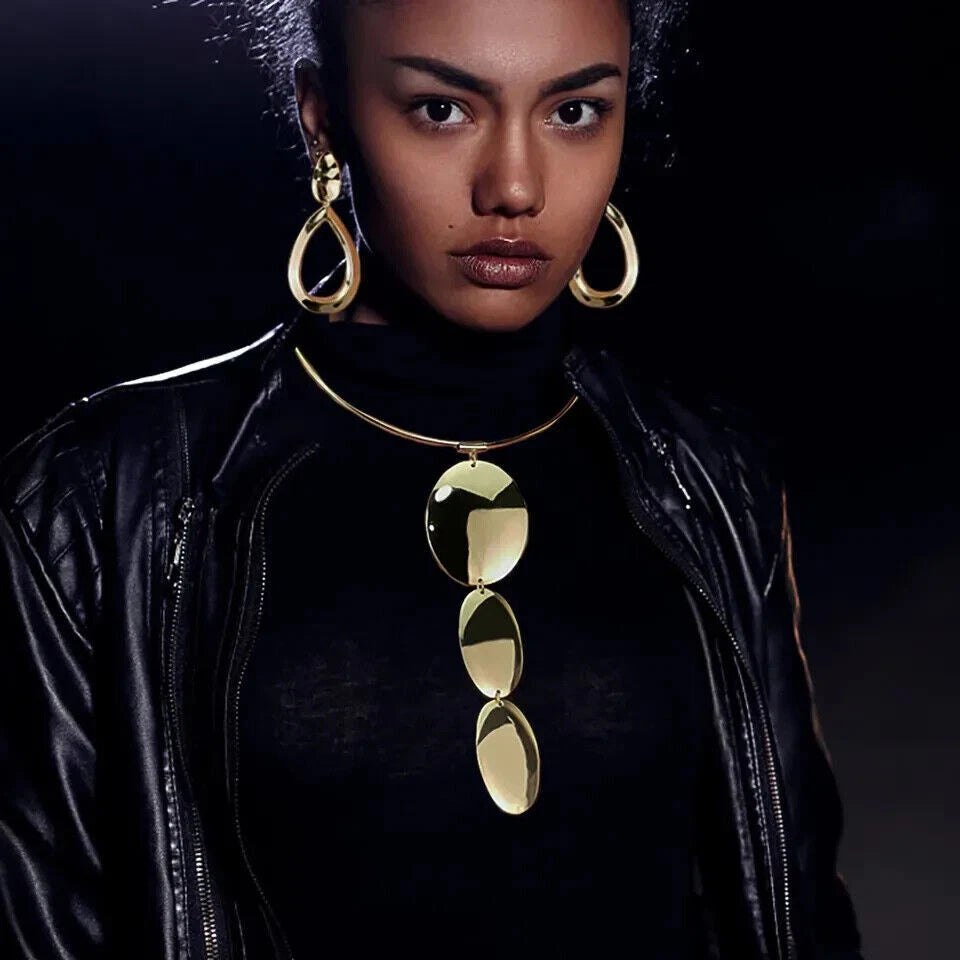 Gold & Silver Jewelry Set, Pendant Choker Necklace with Hook Earrings for Women
