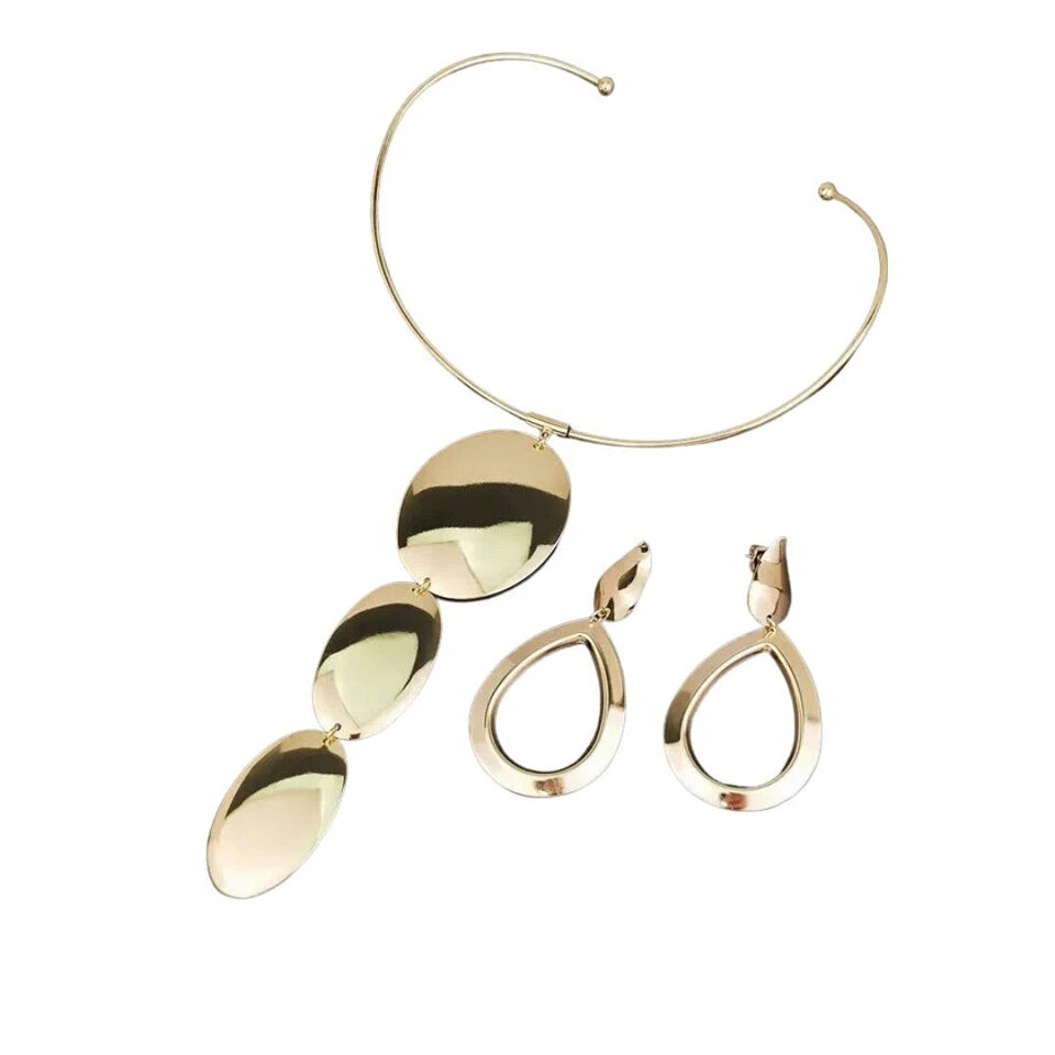 Gold & Silver Jewelry Set, Pendant Choker Necklace with Hook Earrings for Women