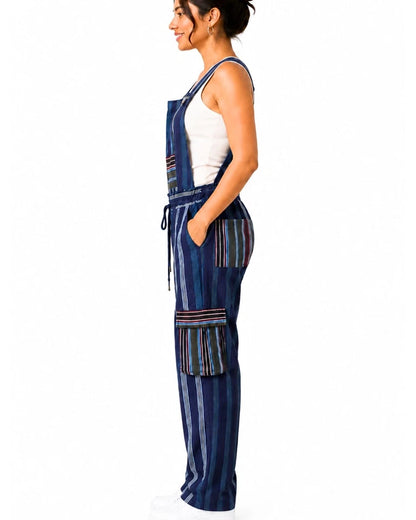 African Aso Oke Striped Overalls Blue Jumpsuit Romper Cargo Dungarees Boho Wide