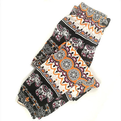 Women Summer Pants, Elephant Print Drawstring Free-size Beach Cotton Trousers