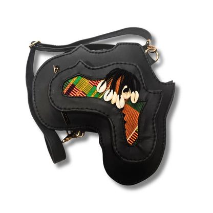 Black Brown African Map Crossbody Bag, Handbag with Kente Print & Cowrie Shell