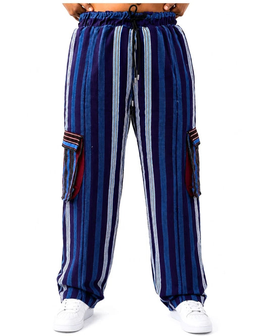 African Aso Oke Striped Cargo Pants Blue Boho Wide Leg Trousers with Drawstring Waist