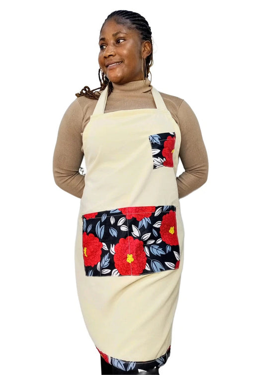 Ankara Print Chef Apron, Kitchen Men Women Cooking Front Pocket Beige Apron