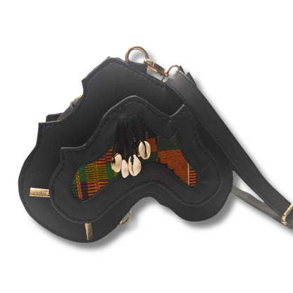 Black Brown African Map Crossbody Bag, Handbag with Kente Print & Cowrie Shell