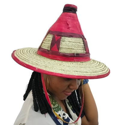 Leather Conical Fulani Straw Hat, African Men, Women Sun Protection Cap