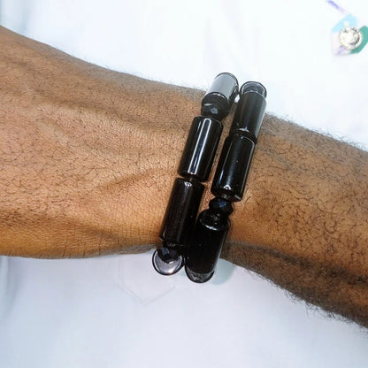 Black Hematite Cylinder Bead Bracelet, Handmade Stretch Men Women Bracelet