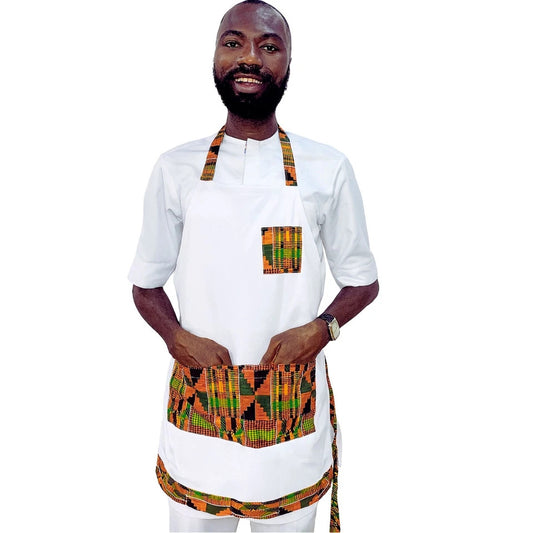 African Kente Print Apron, White Kitchen Men Women Chef Front Pocket Apron