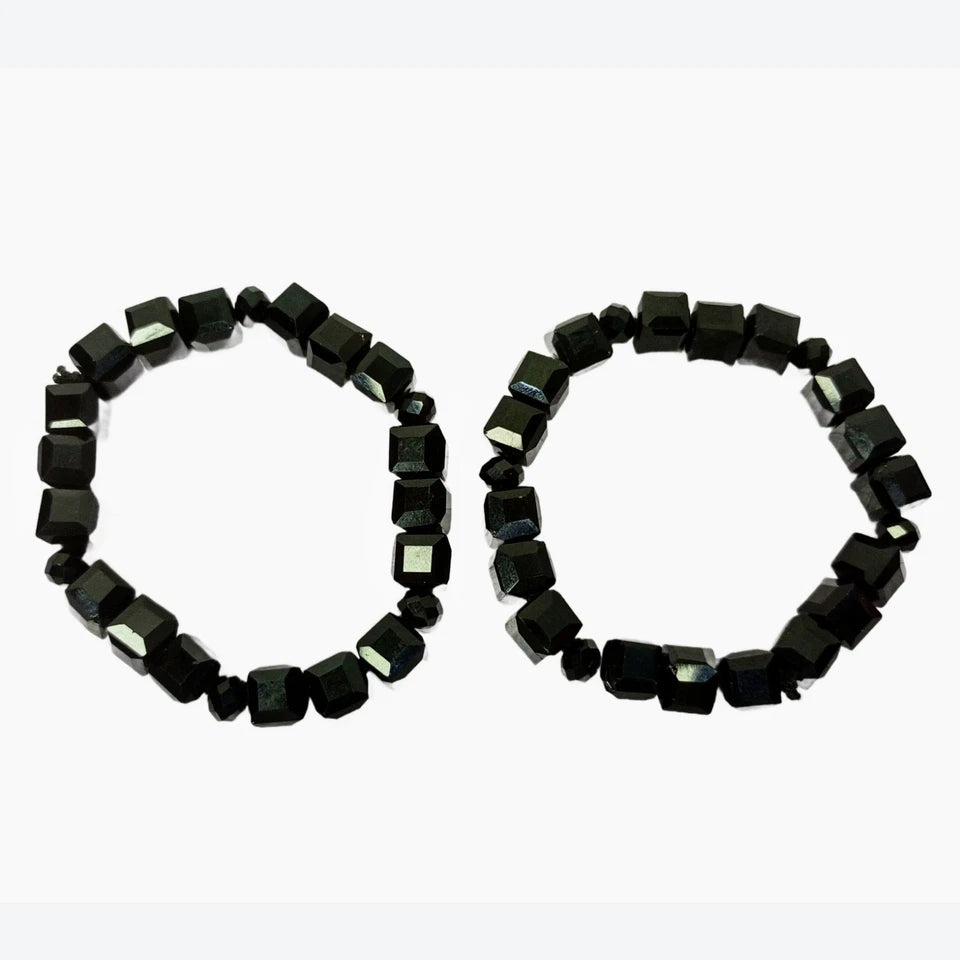 Black Hematite Cube Bead Bracelet, Natural Stone Stretchy Men Women Bracelet