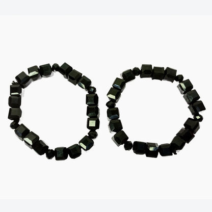 Black Hematite Cube Bead Bracelet, Natural Stone Stretchy Men Women Bracelet