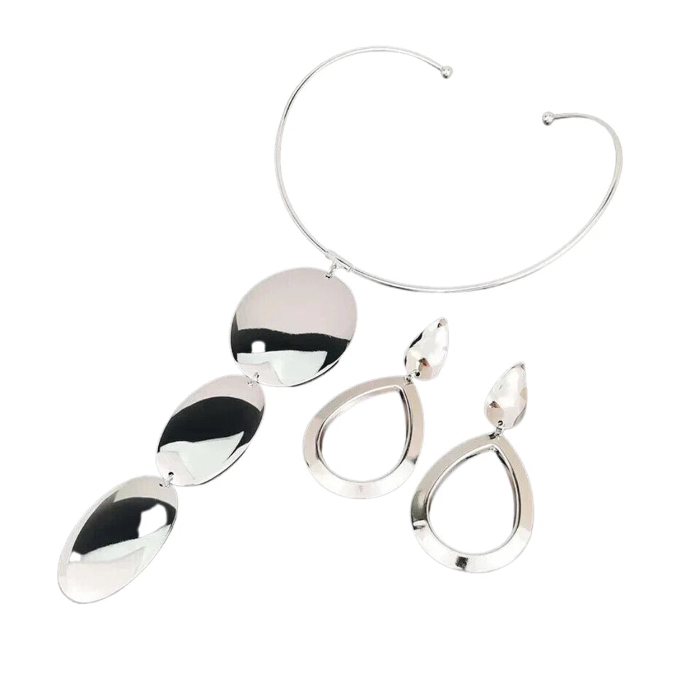 Gold & Silver Jewelry Set, Pendant Choker Necklace with Hook Earrings for Women