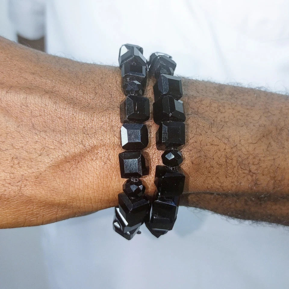 Black Hematite Cube Bead Bracelet, Natural Stone Stretchy Men Women Bracelet