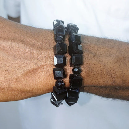 Black Hematite Cube Bead Bracelet, Natural Stone Stretchy Men Women Bracelet
