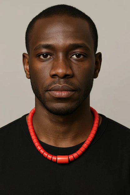 Traditional Red African Coral Beaded Necklace#2, Men Woman Wedding & Cultural Event Jewelry