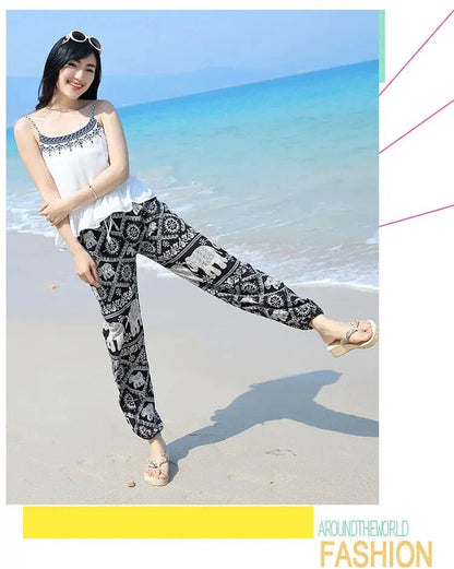 Women Summer Pants, Elephant Print Drawstring Free-size Beach Cotton Trousers