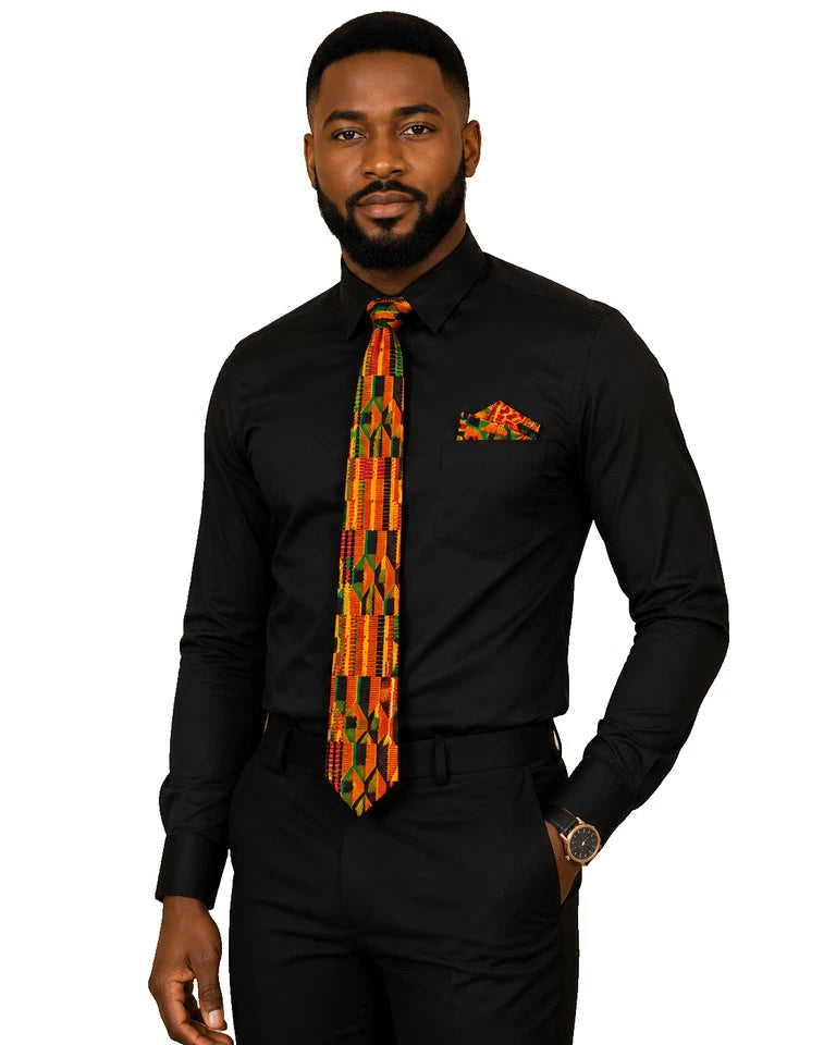 3pc African Kente Tie Set Mens Bow Tie Pocket Square Handkerchief Gold Red Green