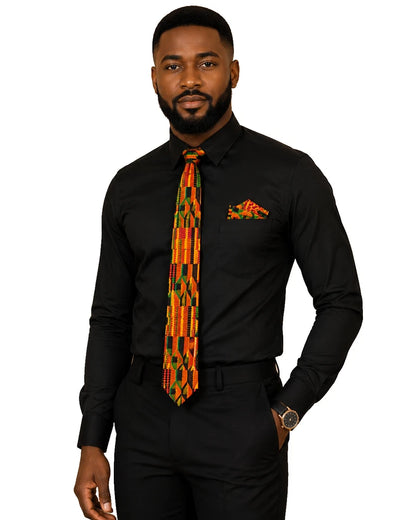 3pc African Kente Tie Set Mens Bow Tie Pocket Square Handkerchief Gold Red Green