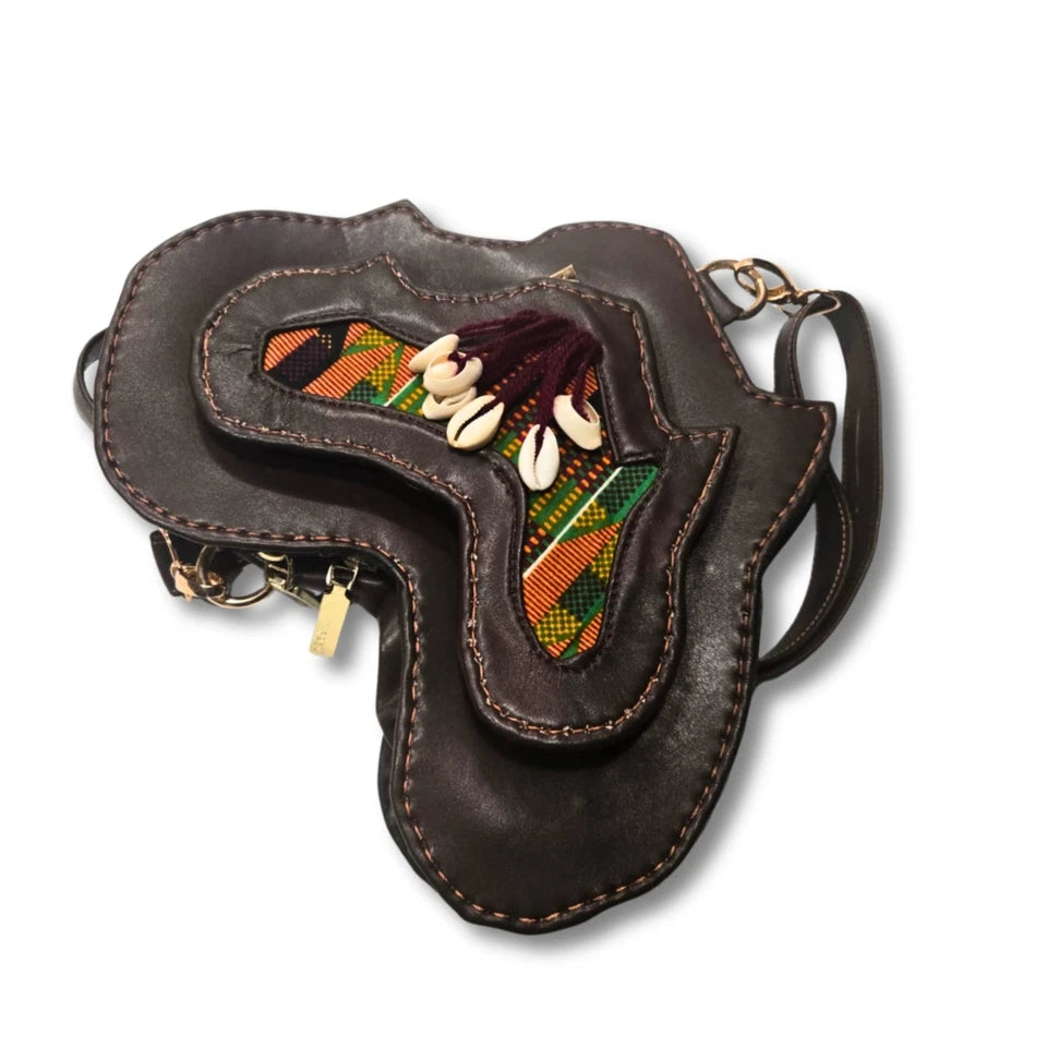 Black Brown African Map Crossbody Bag, Handbag with Kente Print & Cowrie Shell