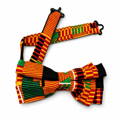 3pc African Kente Tie Set Mens Bow Tie Pocket Square Handkerchief Gold Red Green