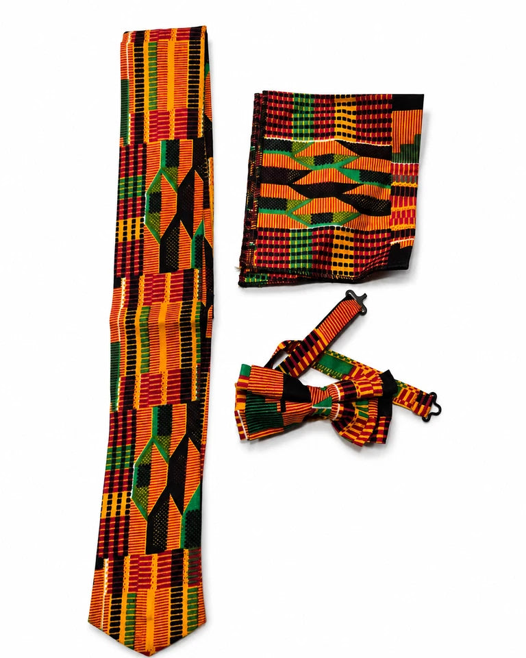 3pc African Kente Tie Set Mens Bow Tie Pocket Square Handkerchief Gold Red Green