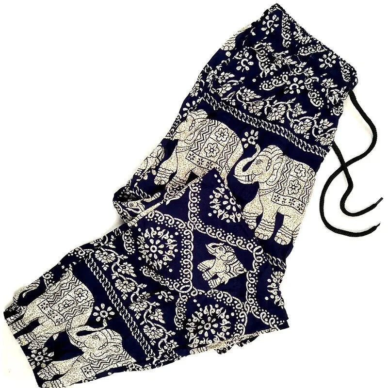 Women Summer Pants, Elephant Print Drawstring Free-size Beach Cotton Trousers