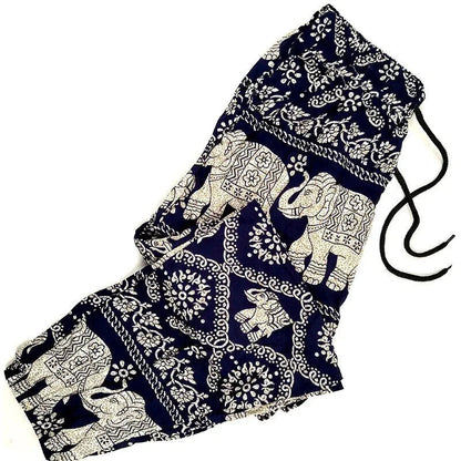 Women Summer Pants, Elephant Print Drawstring Free-size Beach Cotton Trousers