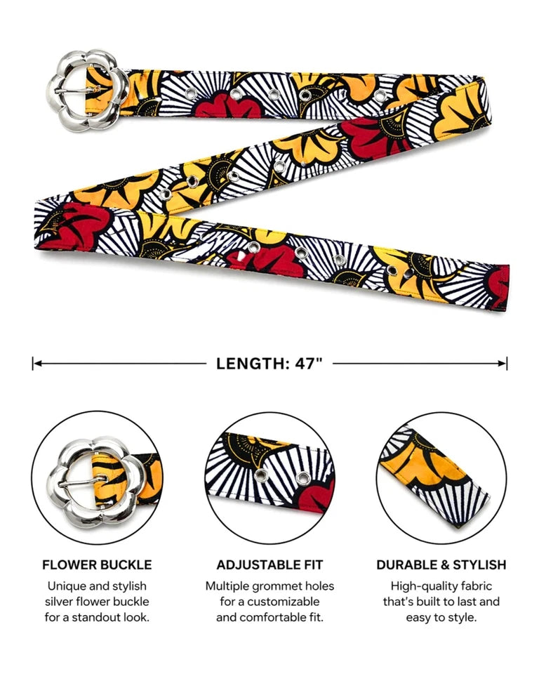 African Print Ankara Belt for Women – Adjustable Floral Buckle Boho Waist Belt