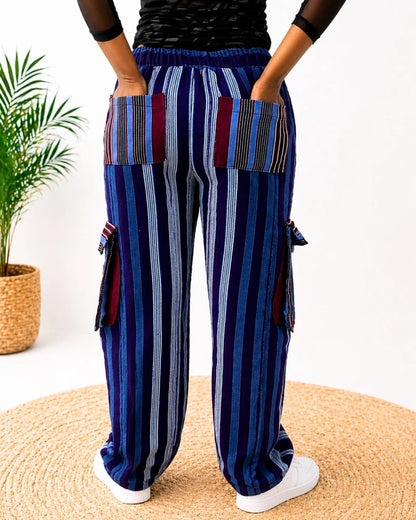 African Aso Oke Striped Cargo Pants Blue Boho Wide Leg Trousers with Drawstring Waist