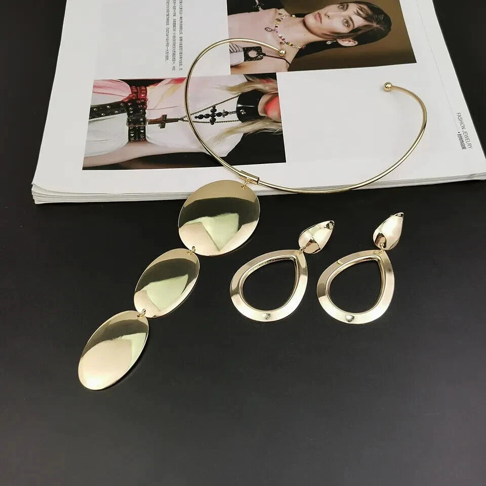 Gold & Silver Jewelry Set, Pendant Choker Necklace with Hook Earrings for Women