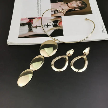 Gold & Silver Jewelry Set, Pendant Choker Necklace with Hook Earrings for Women