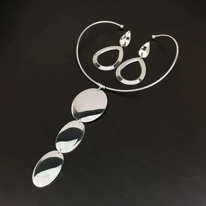 Gold & Silver Jewelry Set, Pendant Choker Necklace with Hook Earrings for Women
