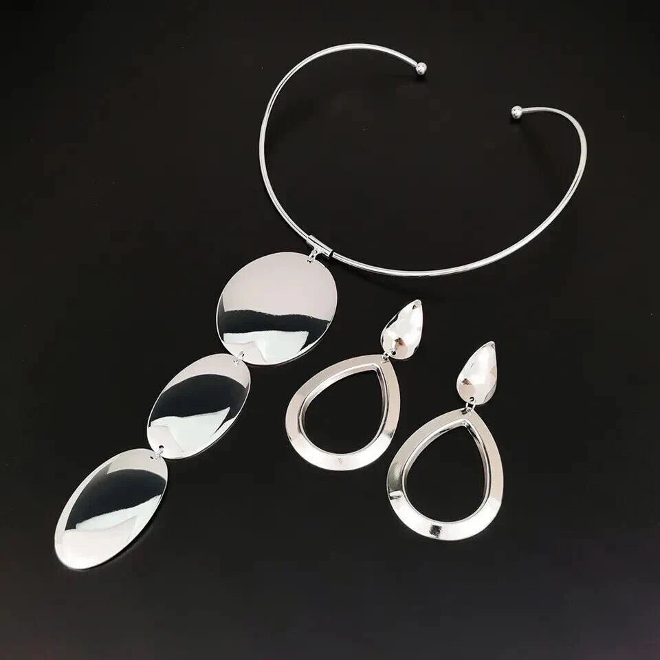 Gold & Silver Jewelry Set, Pendant Choker Necklace with Hook Earrings for Women