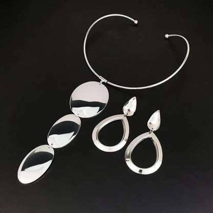 Gold & Silver Jewelry Set, Pendant Choker Necklace with Hook Earrings for Women