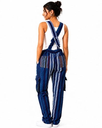 African Aso Oke Striped Overalls Blue Jumpsuit Romper Cargo Dungarees Boho Wide