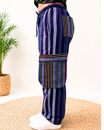 African Aso Oke Striped Cargo Pants Blue Boho Wide Leg Trousers with Drawstring Waist