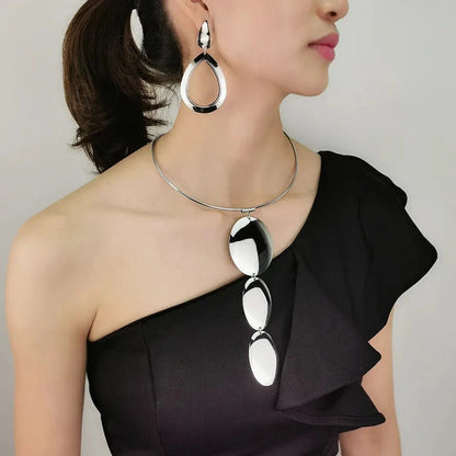Gold & Silver Jewelry Set, Pendant Choker Necklace with Hook Earrings for Women
