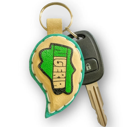Nigeria Map Keychain, Handmade African Leather Key Holder Green Map Keyring