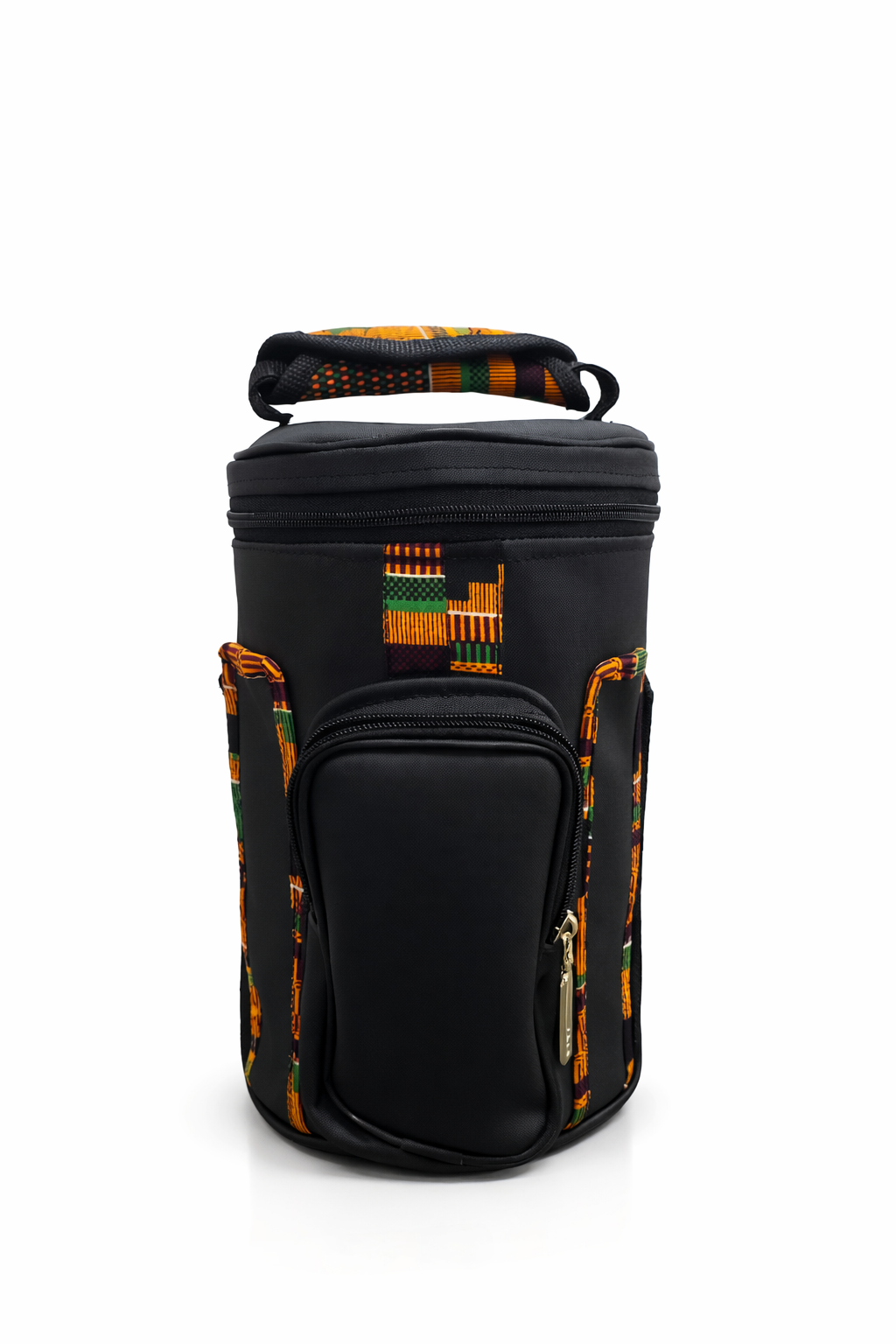 Multi-Purpose Cylindrical Carry Bag for 11" Djembe Drum – Black with African Kente Accents, Travel Utility Bag with Front Pocket and Top Handle