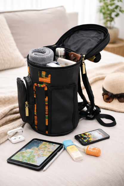 Multi-Purpose Cylindrical Carry Bag for 11" Djembe Drum – Black with African Kente Accents, Travel Utility Bag with Front Pocket and Top Handle