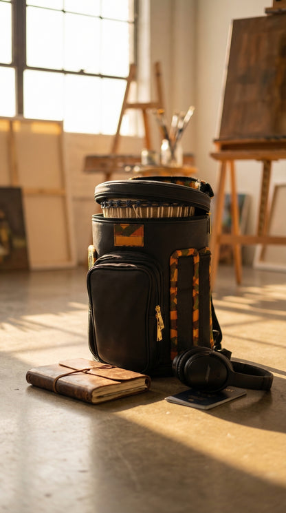 Multi-Purpose Cylindrical Carry Bag for 11" Djembe Drum – Black with African Kente Accents, Travel Utility Bag with Front Pocket and Top Handle