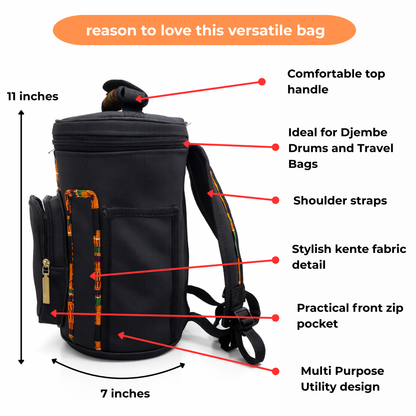Multi-Purpose Cylindrical Carry Bag for 11" Djembe Drum – Black with African Kente Accents, Travel Utility Bag with Front Pocket and Top Handle