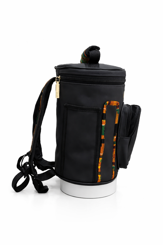 Multi-Purpose Cylindrical Carry Bag for 11" Djembe Drum – Black with African Kente Accents, Travel Utility Bag with Front Pocket and Top Handle