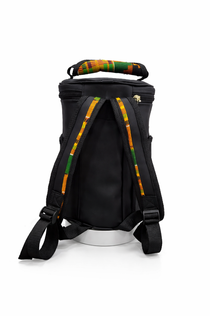 Multi-Purpose Cylindrical Carry Bag for 11" Djembe Drum – Black with African Kente Accents, Travel Utility Bag with Front Pocket and Top Handle