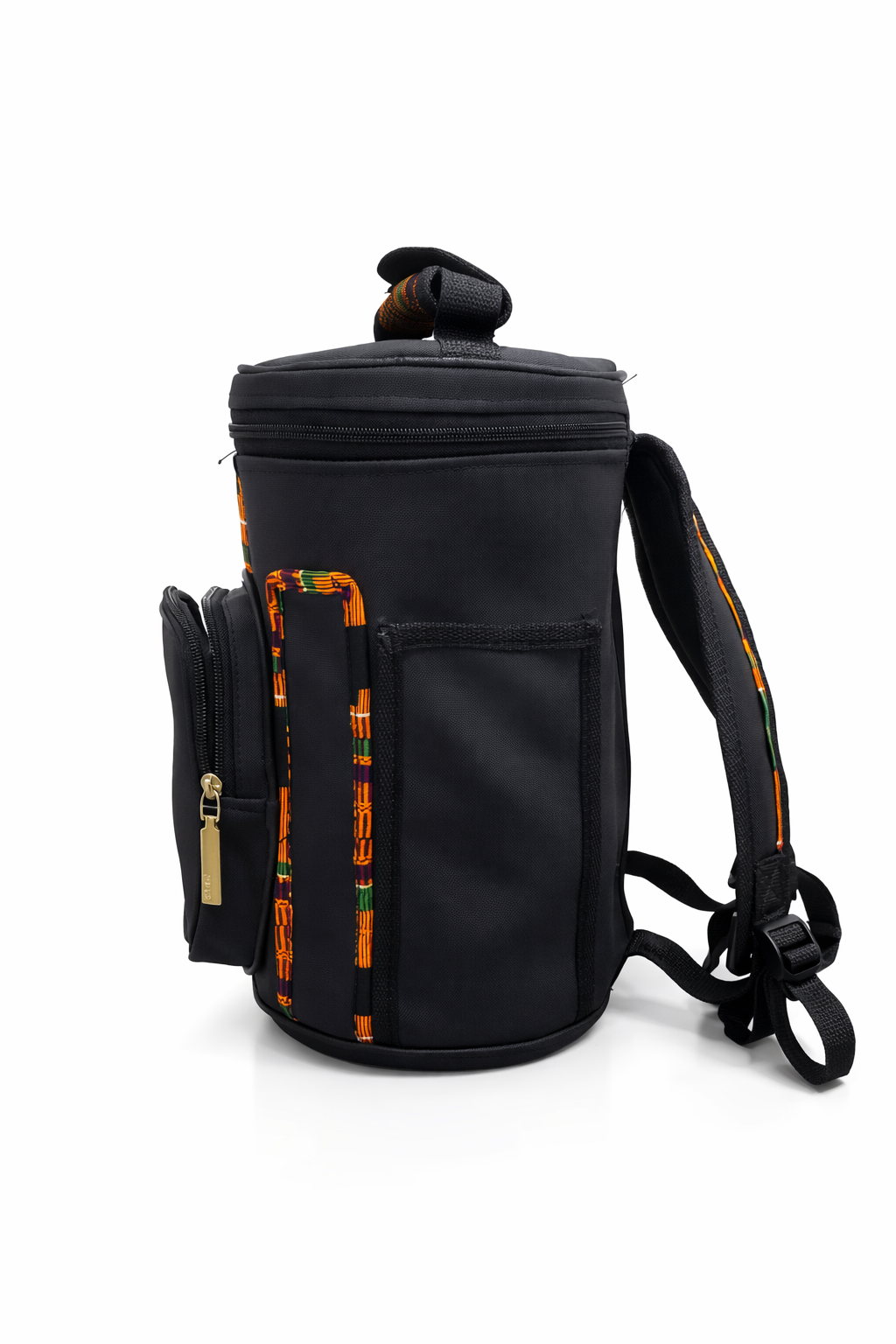 Multi-Purpose Cylindrical Carry Bag for 11" Djembe Drum – Black with African Kente Accents, Travel Utility Bag with Front Pocket and Top Handle